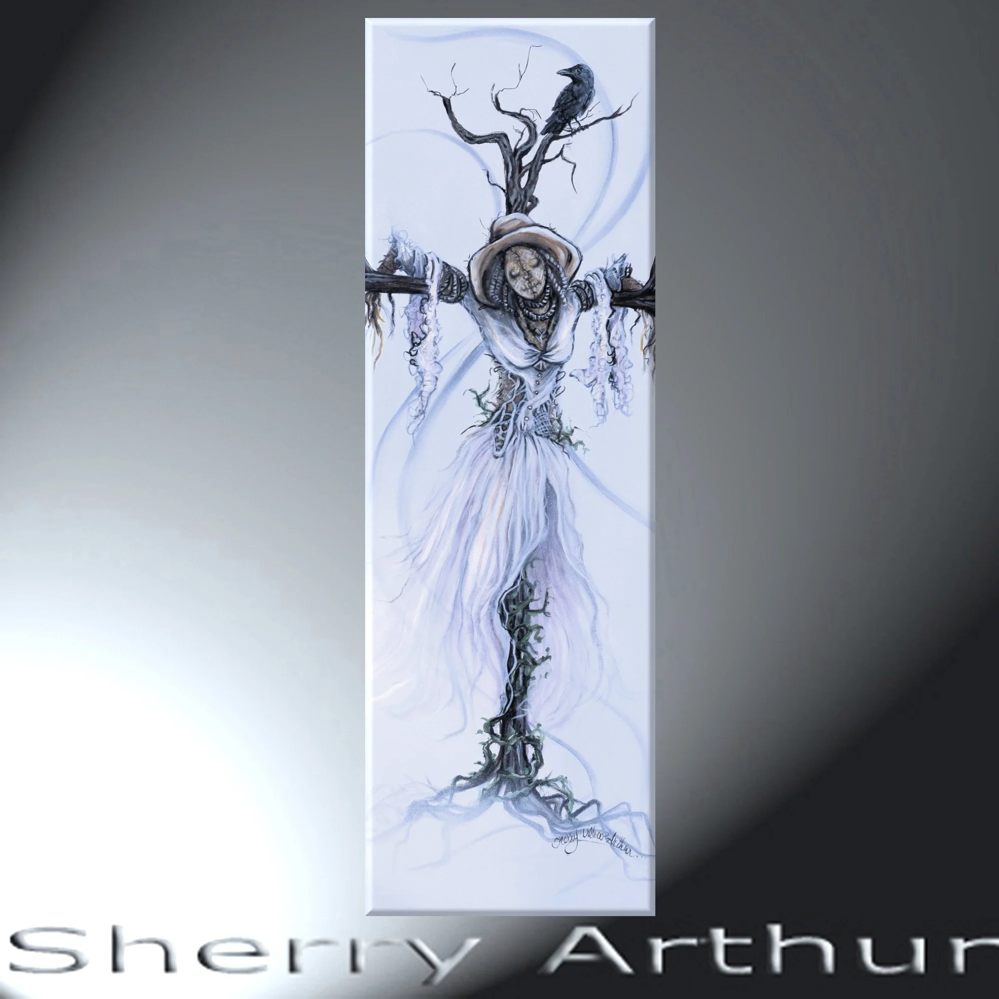 Scarecrow Woman With Crow Original Acrylic Artwork On Canvas For